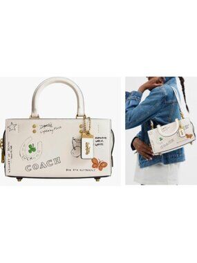 NEW!! Coach Rogue 25 Tote Bag With Dinosaur & Lucky Drawings In Chalk White Leat